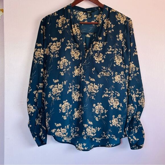 Forever 21 Floral Top Sz L Blue & Tan - Picture 1 of 3